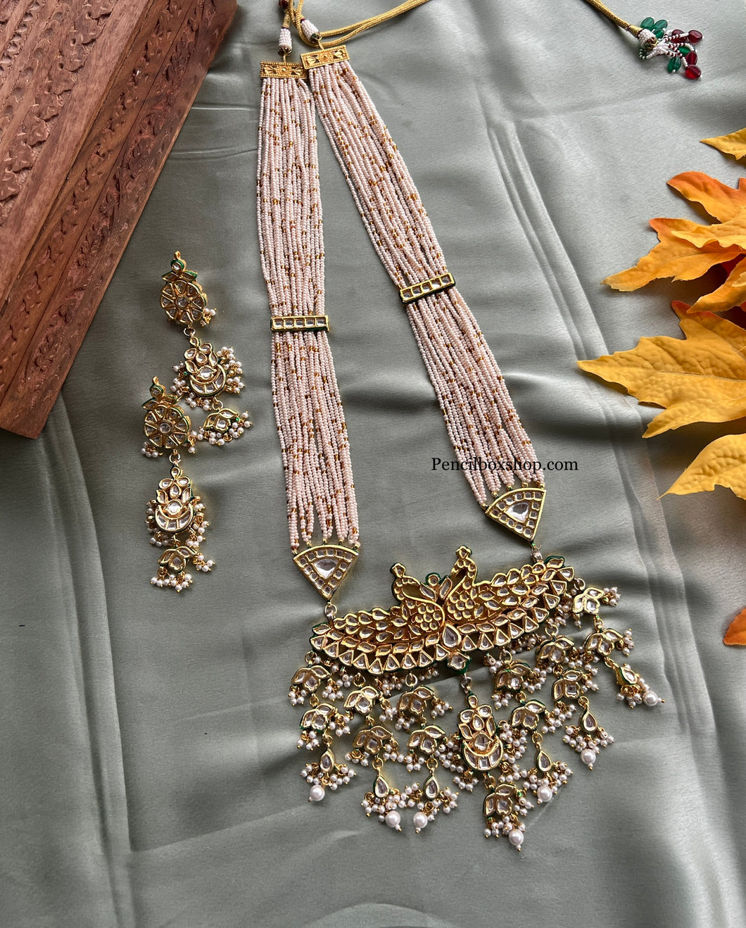 Long Kundan Double Peacock Pearl Mala Necklace set
