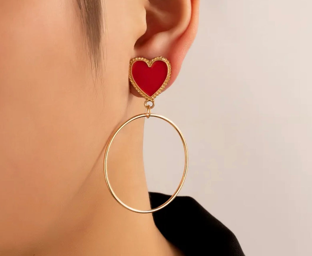 Heart Red Round Golden Earrings IDW