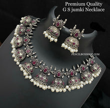 Load image into Gallery viewer, German silver Jhumka design Ruby green simple sleek necklace set
