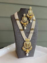 Load image into Gallery viewer, White Pearl Golden Beads long Kundan Statement Necklace set
