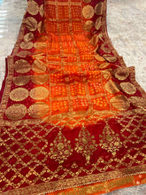 Load image into Gallery viewer, Orange Red Bandhani Square Golden Zari Border Silk Saree Elegant
