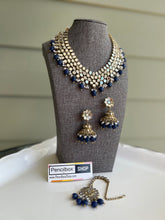 Load image into Gallery viewer, Blue Mirror Statement Glass Drops Necklace set with maangtikka
