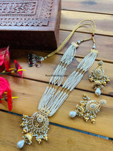 Load image into Gallery viewer, White Pearl Golden Beads long Kundan Statement Necklace set
