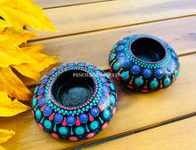 Load image into Gallery viewer, Set of 2 Handmade Blue Purple Mandala work Candle Holder
