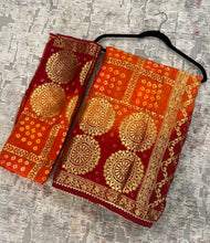 Load image into Gallery viewer, Orange Red Bandhani Square Golden Zari Border Silk Saree Elegant
