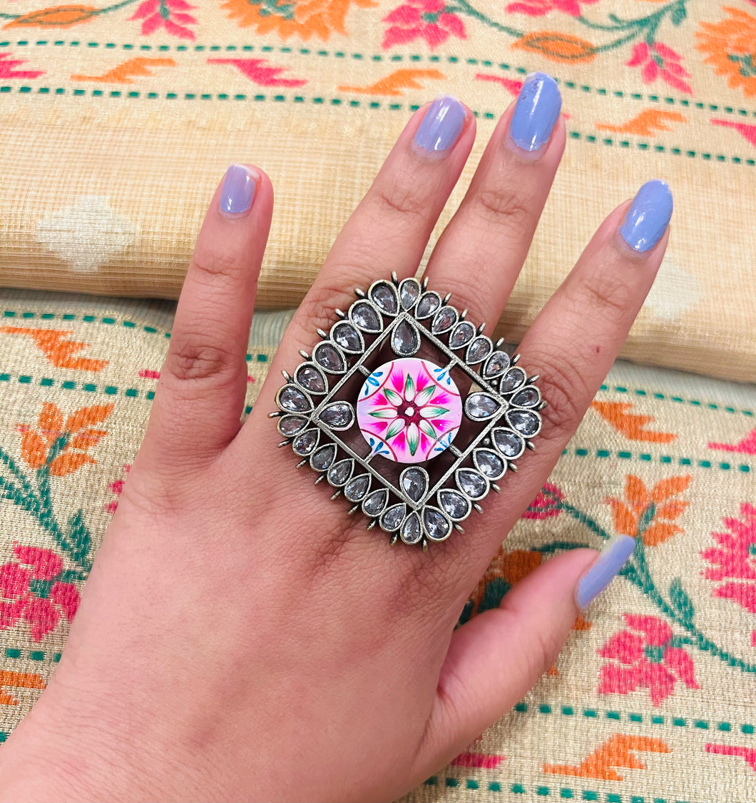 German silver Handpainted Meenakari White stone ring