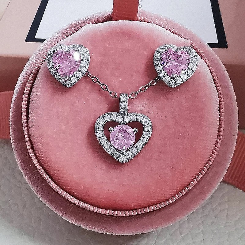 925 Sterling Silver pink American diamond Heart pendant set cz stone necklace