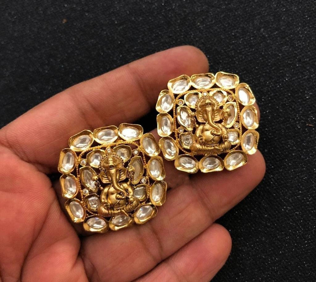 Ganesha silver Foiled kundan Stud earrings premium Quality