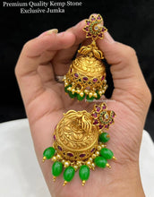 Load image into Gallery viewer, Kemp Stone Peacock Hanging Drop Temple jhumka  earrings
