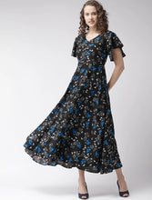 Load image into Gallery viewer, Black Floral Maxi cape Dress 40 size
