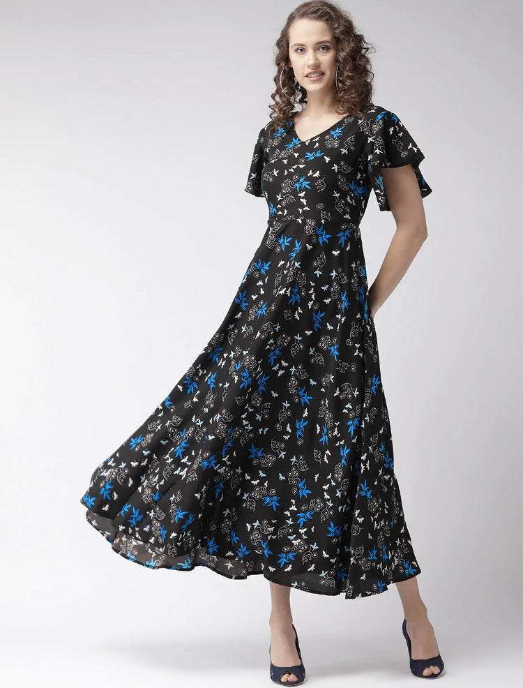 Black Floral Maxi cape Dress 40 size