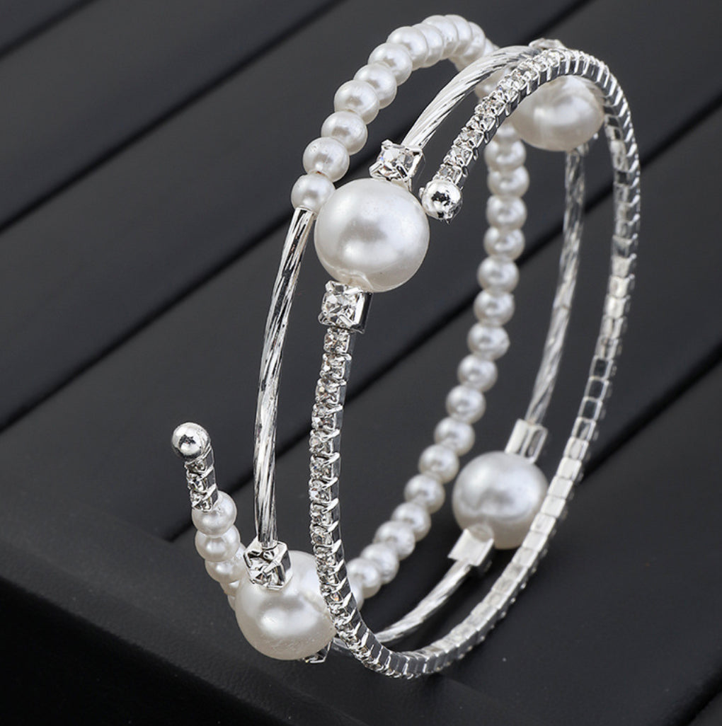 White Stone Rhinestone Pearl Openable Multilayer Winding bracelet IDW