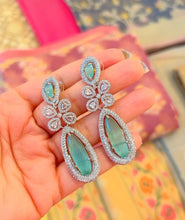 Load image into Gallery viewer, American Diamond Mint Flower Premium Long Dangling Earrings
