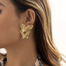 Load image into Gallery viewer, Two layer Golden butterfly Flower Big metal earrings for women IDW
