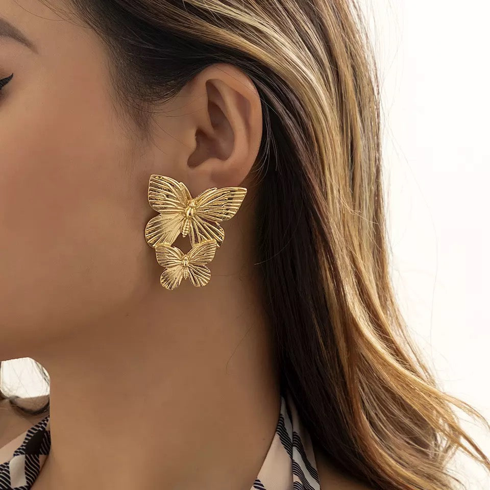 Two layer Golden butterfly Flower Big metal earrings for women IDW