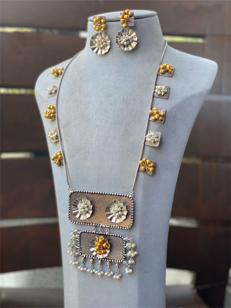 Contemporary Silver Golden Beads Fusion Long Necklace set