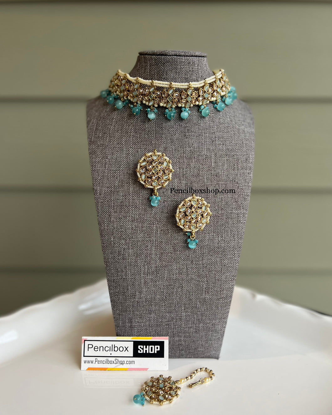 Sky blue Polki Pearl kundan Choker necklace set with maangtikka