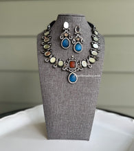 Load image into Gallery viewer, German silver Mirror peacock Carved Stone Statement Necklace set
