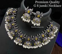 Load image into Gallery viewer, German silver Jhumka design Ruby green simple sleek necklace set
