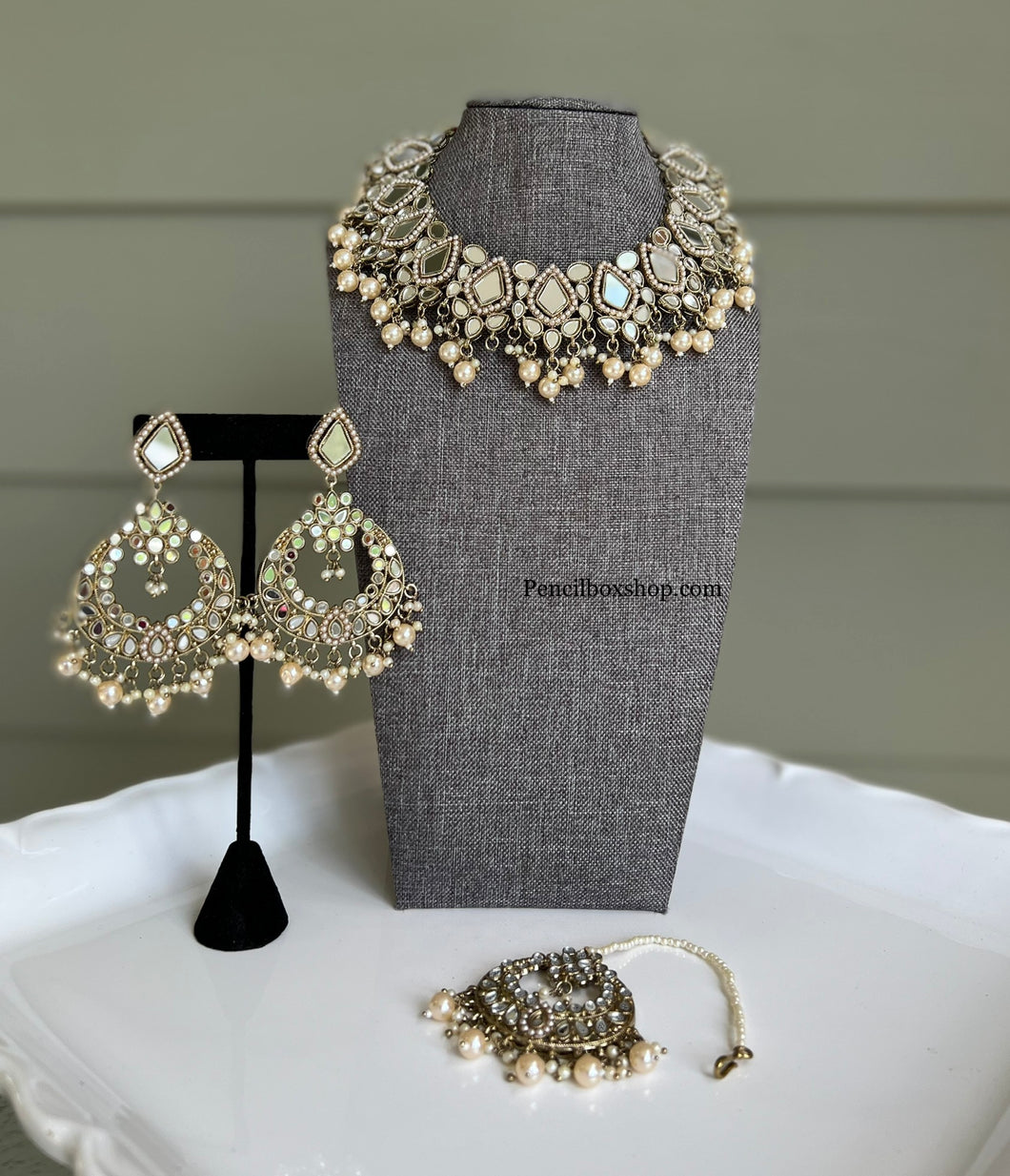 Mirror Choker with hanging beads Statement Piece Necklace Choker set with maangtikka