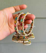 Load image into Gallery viewer, Stone Three Jhumki Hanging multicolor/Golden Pair of Bangles
