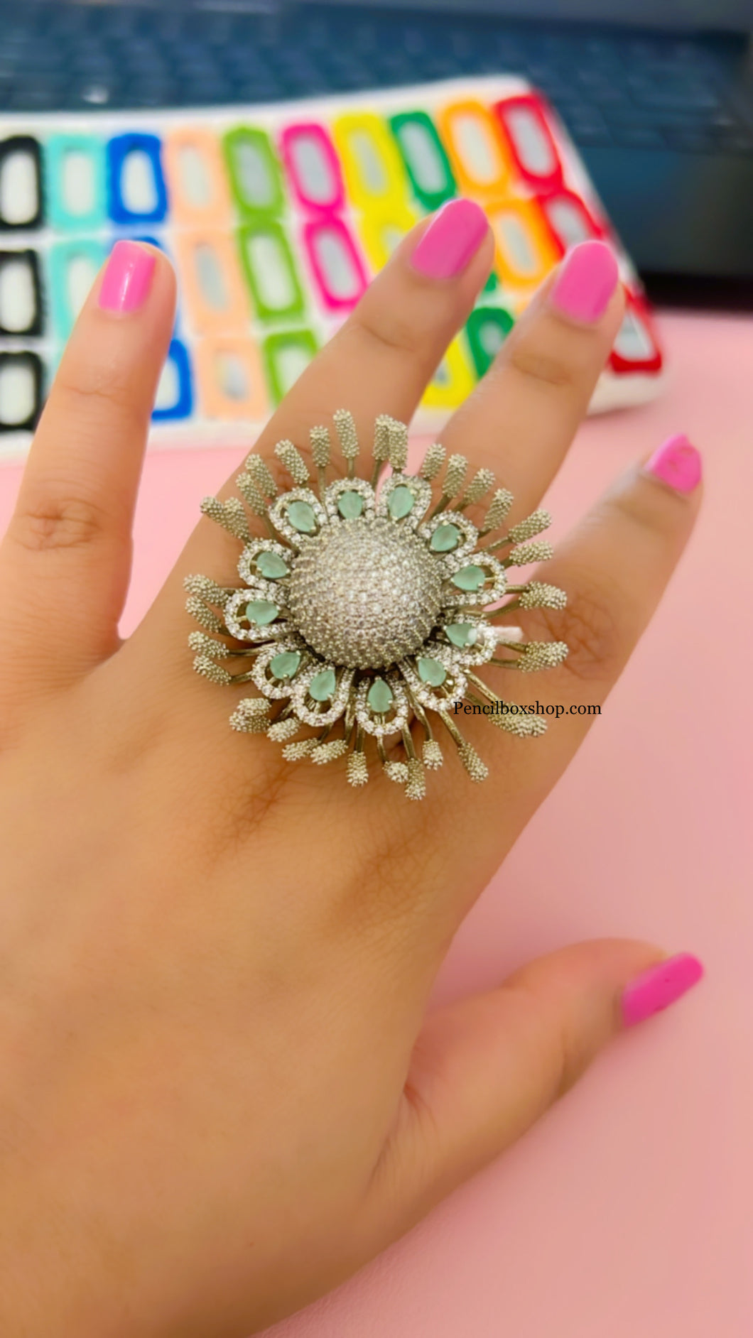 Premium Quality American Diamond Big Mint White Flower Adjustable Statement Ring