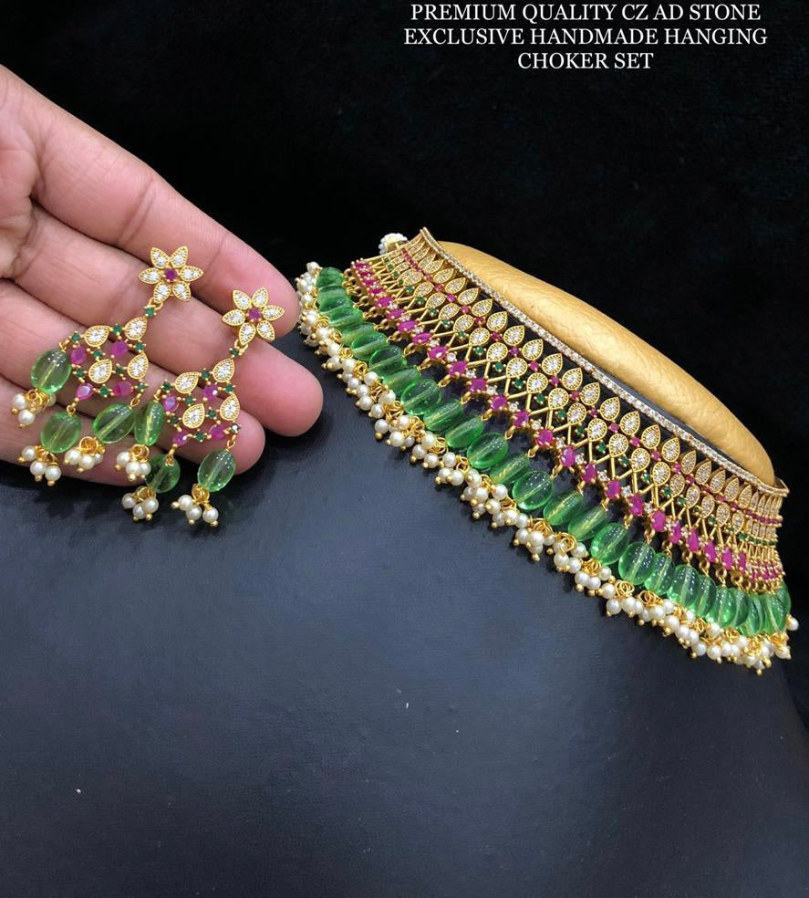 Golden Cz American Diamond Multicolor Stone hanging Beads Choker necklace set