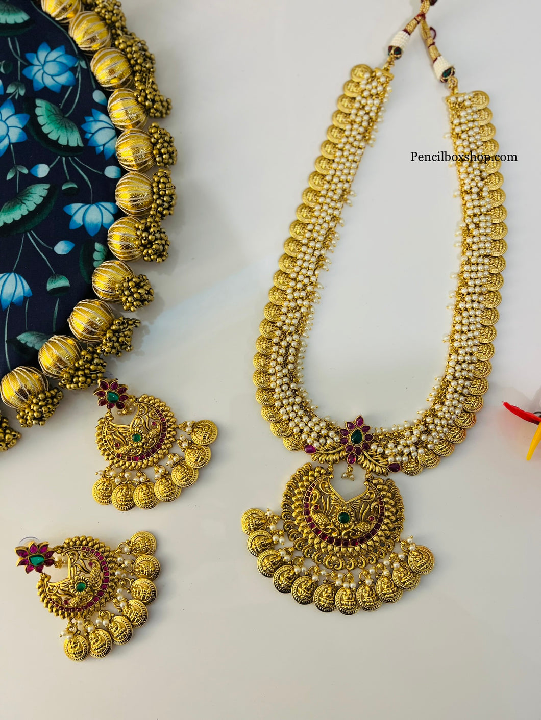 Multicolor Kemp Stone Pearl Kundan Golden Designer Haram Necklace set