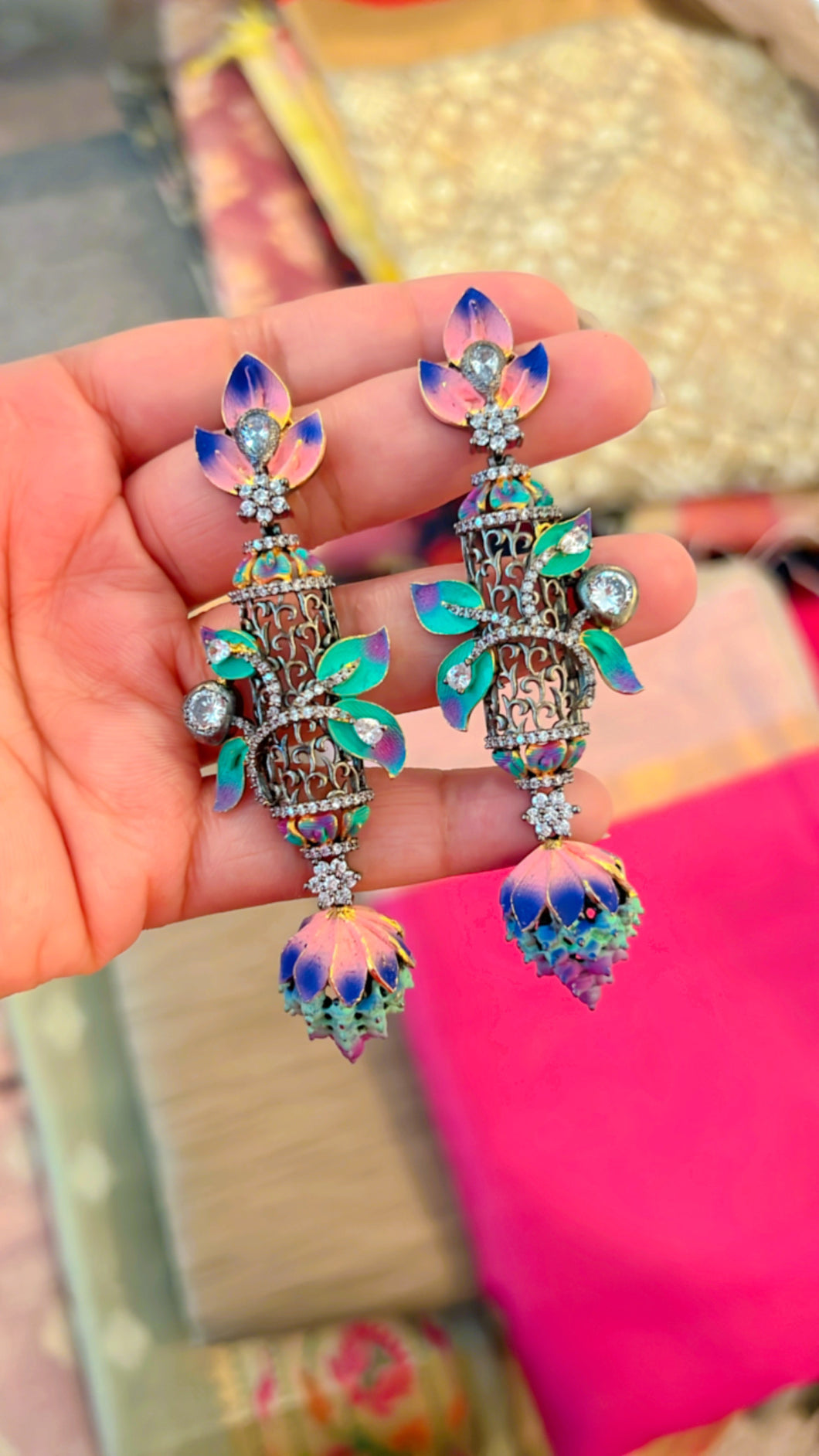 American Diamond Meenakari Shaded Big statement Cz earrings