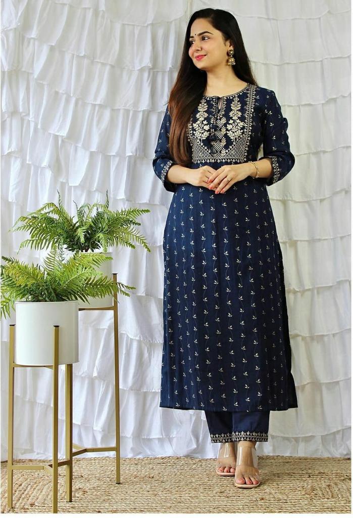 2 pc Blue golden embroidery kurta with pant women clothing