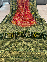 Load image into Gallery viewer, Red Green Bandhani Square Golden Zari Border Silk Saree Elegant
