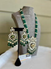 Load image into Gallery viewer, American Diamond Tyaani Green Golden kundan long necklace set
