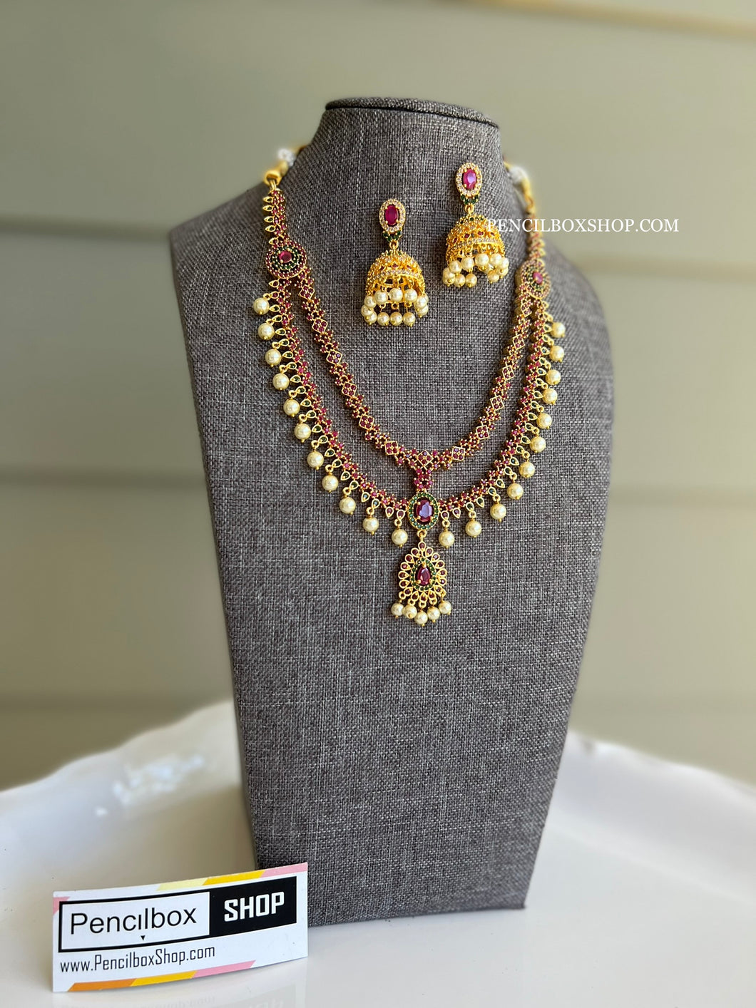 Two layer Multicolor Cz American diamond Golden Finish Necklace set
