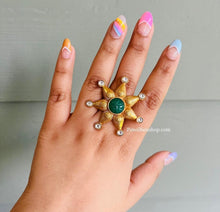 Load image into Gallery viewer, Amarpali Brass Made Carved Stone Star kundan adjustable Ring
