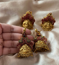 Load image into Gallery viewer, Lakshmi ji Peacock Kemp Stone Big Statement Jhumka Temple Earrings
