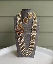 Load image into Gallery viewer, Peacock Real Kemp Stone pearl layered Statement Necklace set
