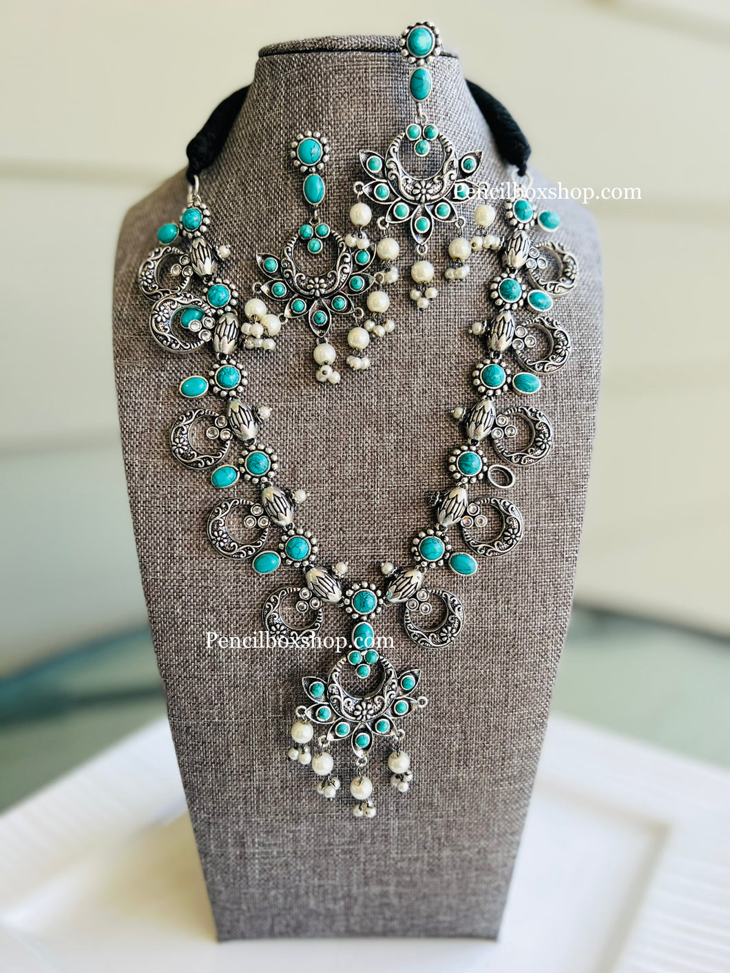 German silver turquoise long necklace set