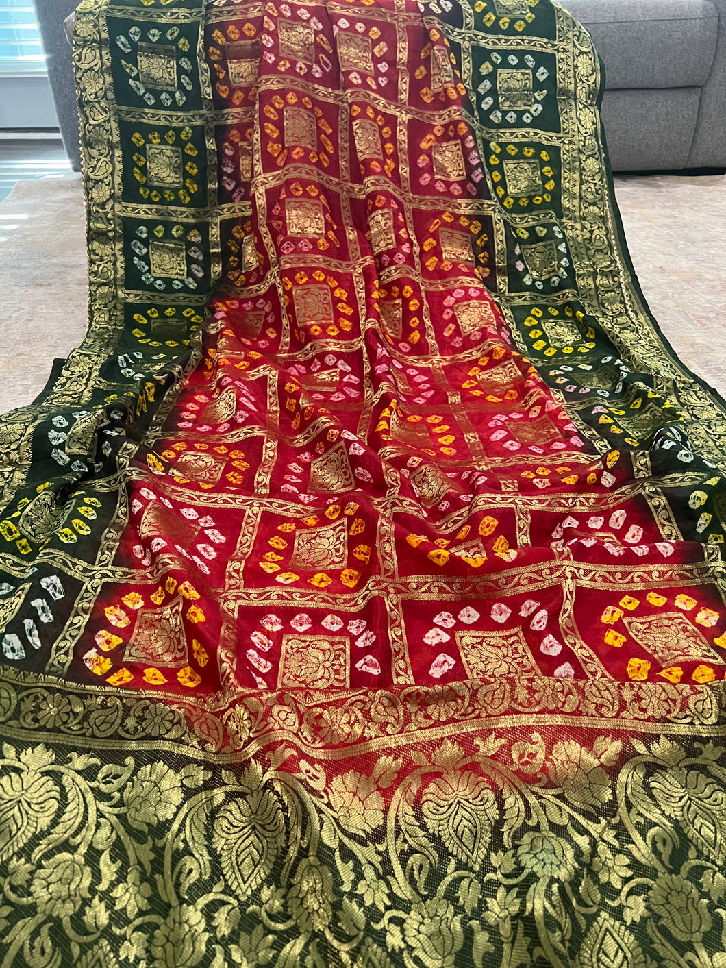 Red Green Bandhani Square Golden Zari Border Silk Saree Elegant
