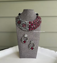 Load image into Gallery viewer, German Silver Statement Glass Stone double design Necklace set
