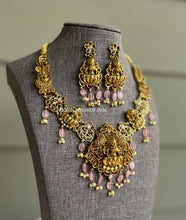 Load image into Gallery viewer, Lakshmi ji Pink Ruby Beads Real kemp stone  Statement  Designer Necklace set
