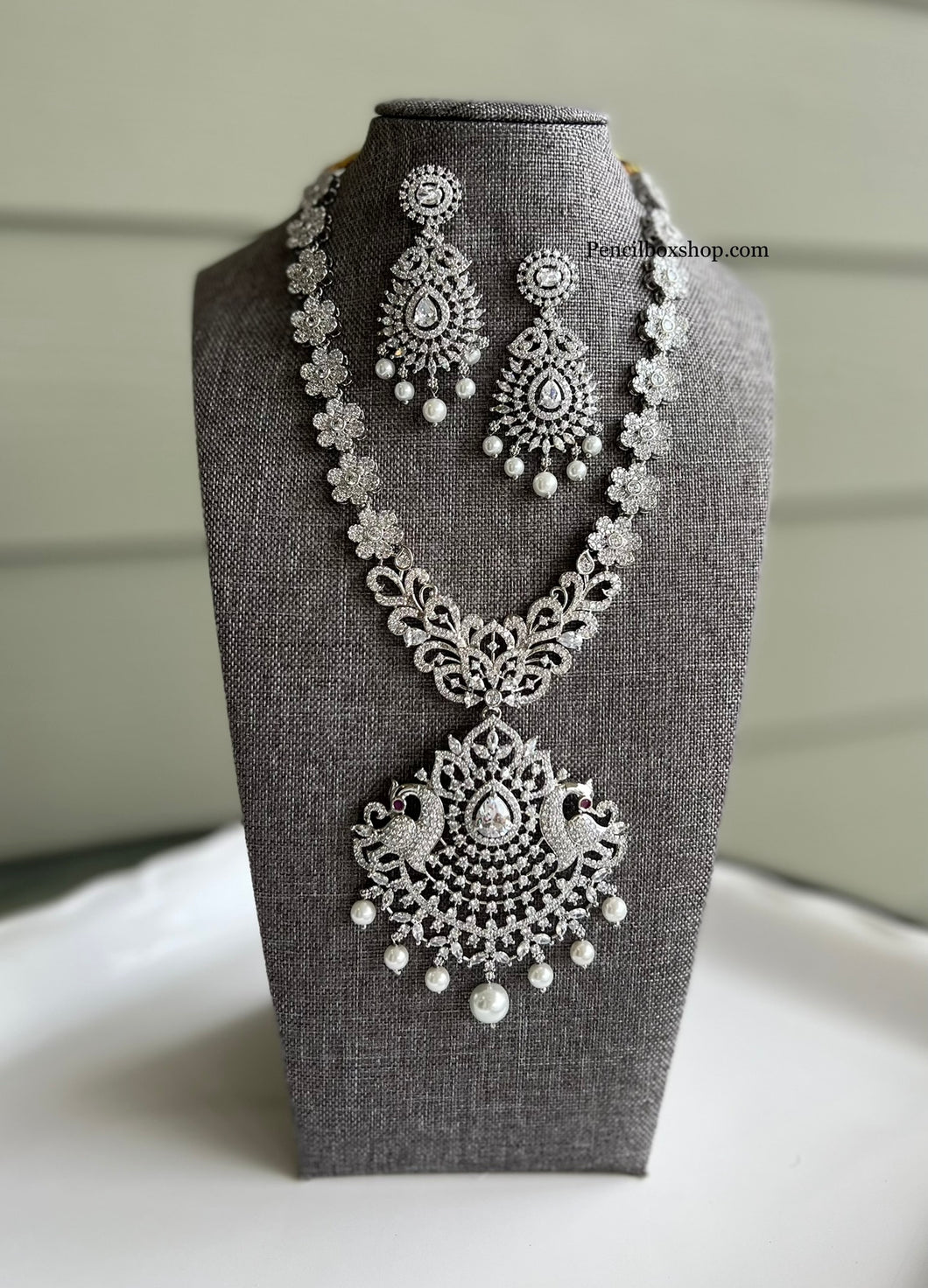 American Diamond Silver peacock Pearl Long Cz Necklace set