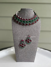Load image into Gallery viewer, German Silver Statement Glass Stone three layered Choker Necklace set
