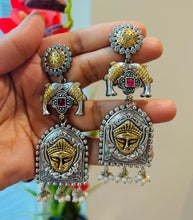 Load image into Gallery viewer, Long German Silver Durga Fish hanging Drop Earrings
