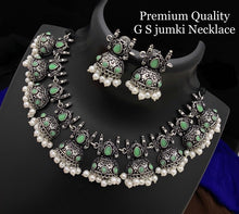Load image into Gallery viewer, German silver Jhumka design Ruby green simple sleek necklace set
