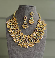 Load image into Gallery viewer, Multicolor guttapusalu  real Kemp stone Cz Copper based necklace set
