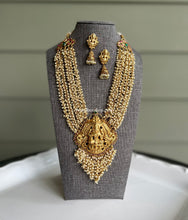 Load image into Gallery viewer, Lakshmi ji Long Kemp stone Haram Golden bead  Goddess Statement  Exclusive Necklace set
