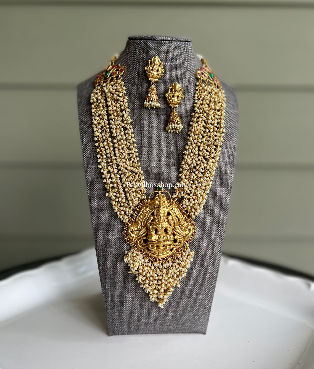 Lakshmi ji Long Kemp stone Haram Golden bead  Goddess Statement  Exclusive Necklace set