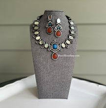Load image into Gallery viewer, German silver Mirror peacock Carved Stone Statement Necklace set
