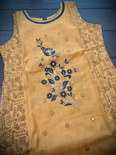Load image into Gallery viewer, 3 pieces Mustard Golden Grey Embroidery Half n half print Chanderi  Straight suit 40 size
