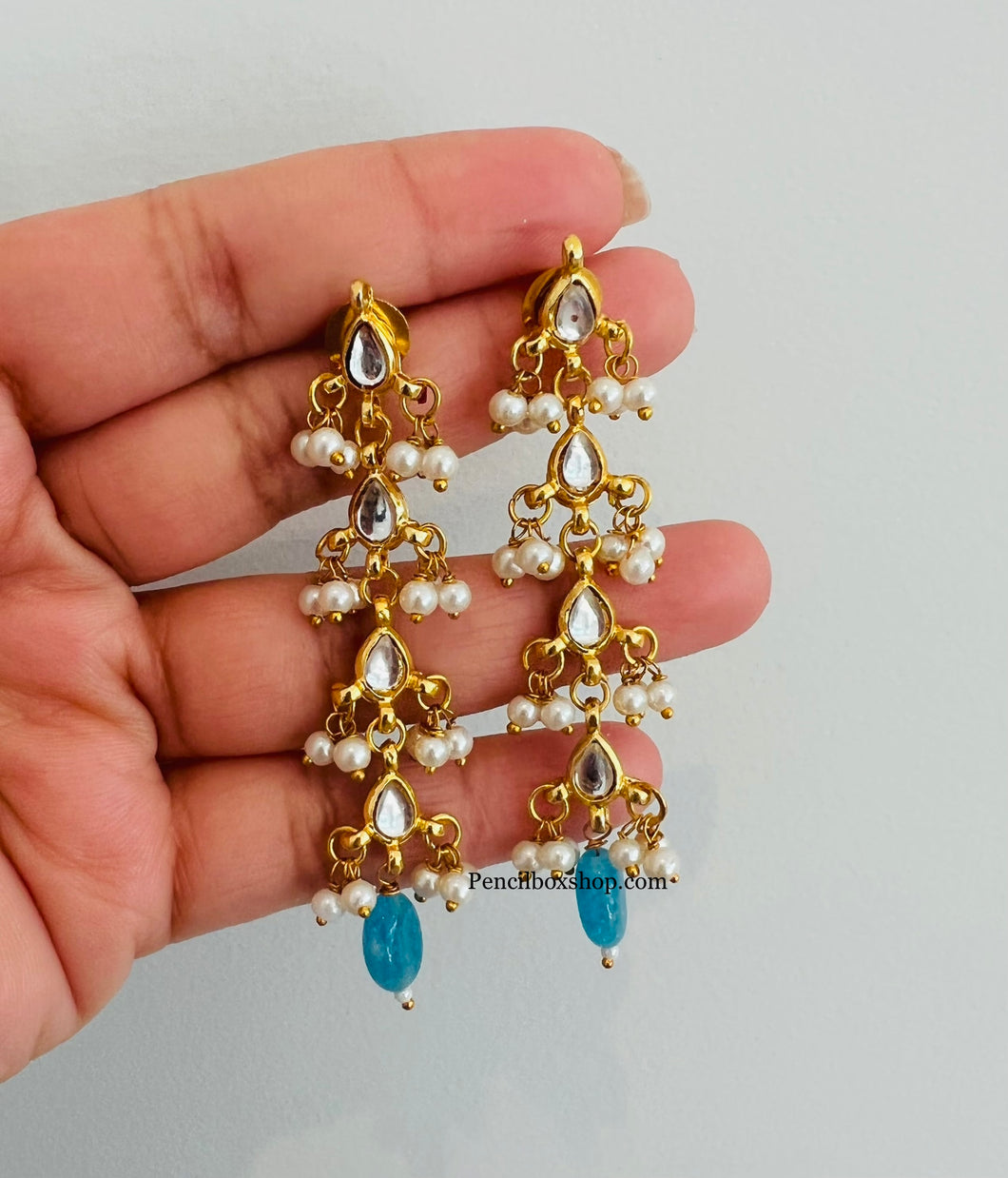 Kundan back Meenakari long Dangling Pearl Hanging earrings